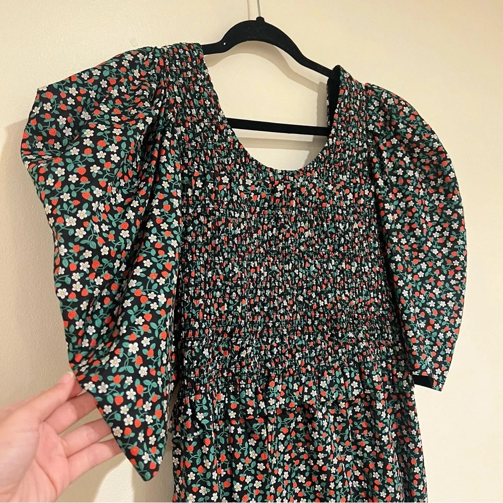 Sea New York Liberty Black Strawberry Print Tie Back Puff Sleeve Mini Dress L - Picture 3 of 9